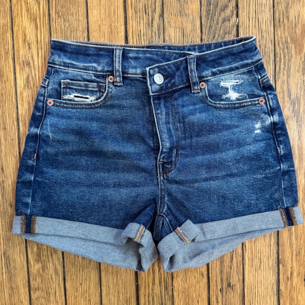 American Eagle Denim Shorts High Waisted Distressed Cuffed Dark Wash‎ Size 00